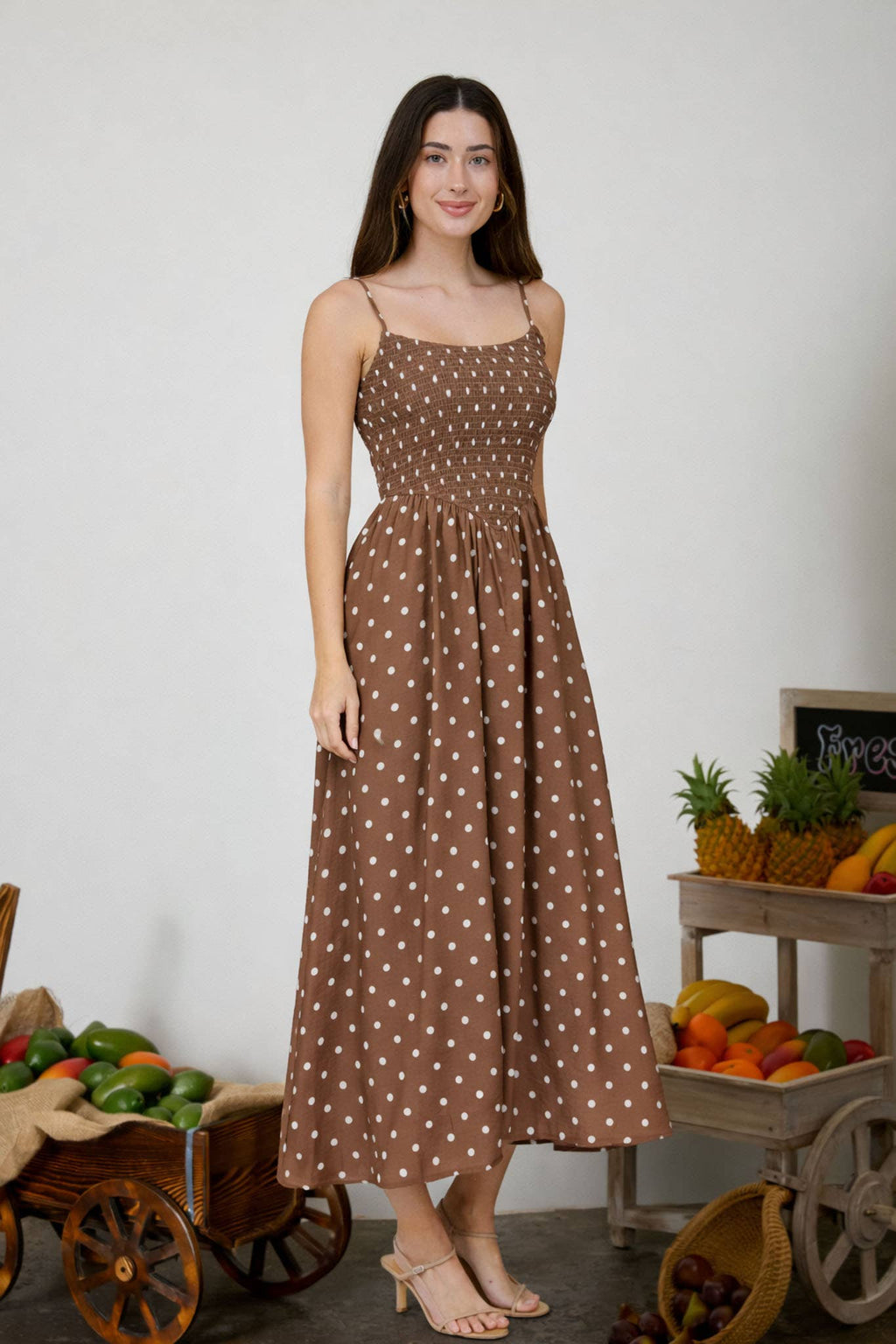 POLKA DOT SMOCKED BASQUE WAIST MIDI DRESS