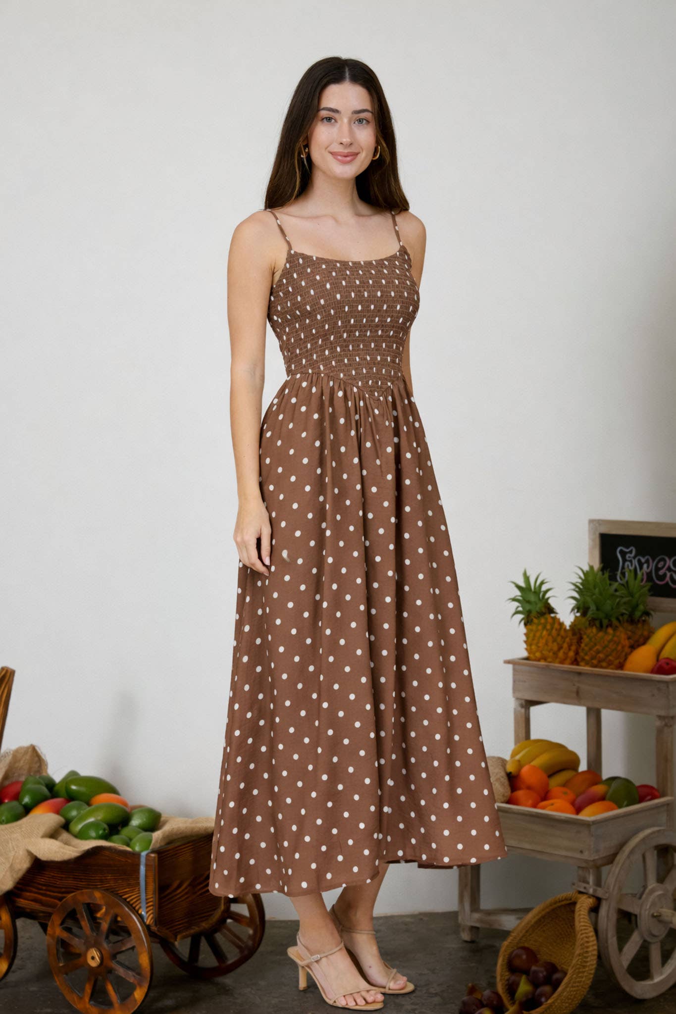 POLKA DOT SMOCKED BASQUE WAIST MIDI DRESS