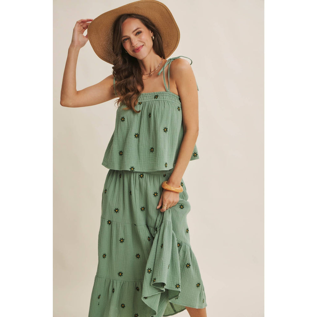 SUNSET FIELD EMBROIDERED COTTON GAUZE TANK WITH TIE STRAPS