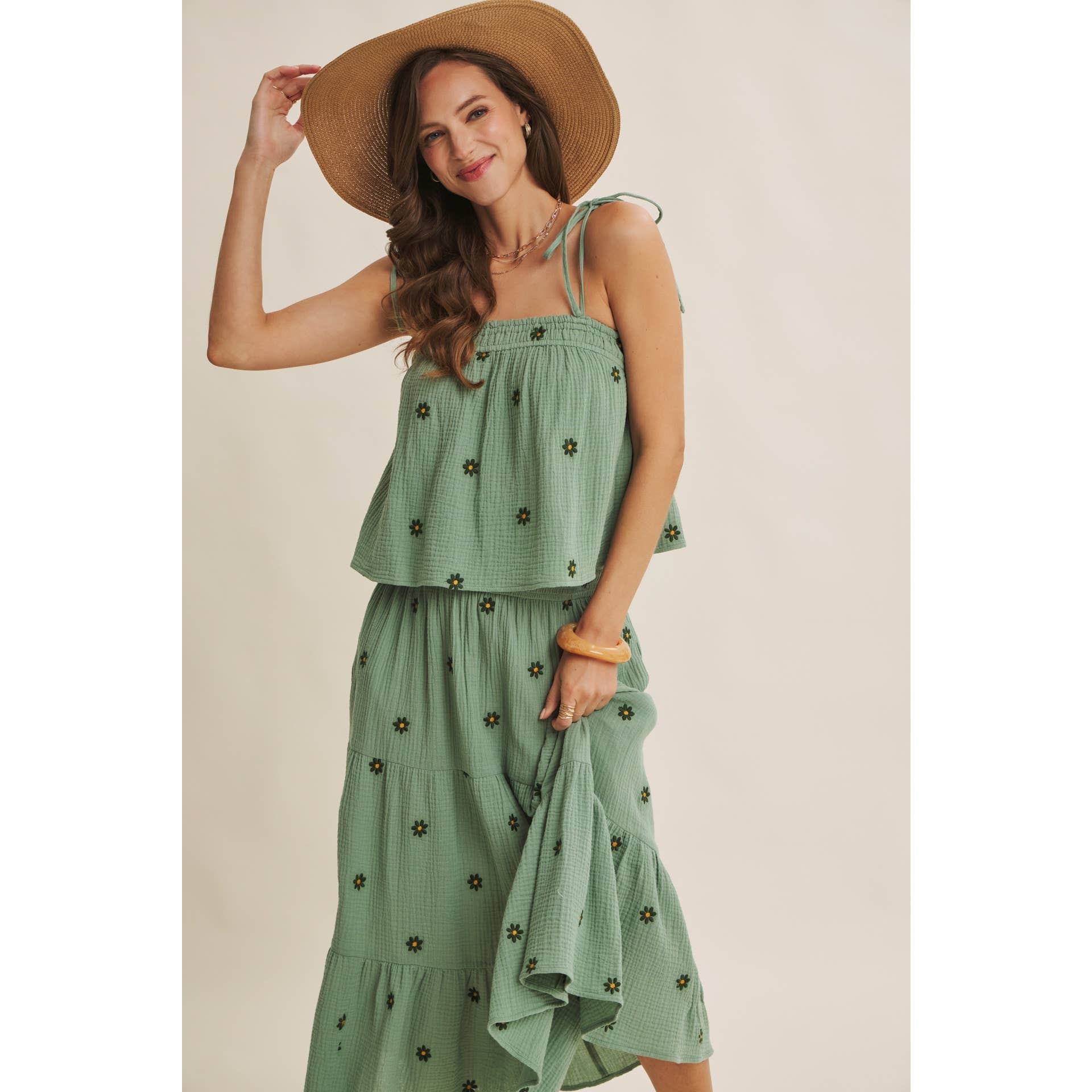 SUNSET FIELD EMBROIDERED COTTON GAUZE SMOCKED MIDI SKIRTS