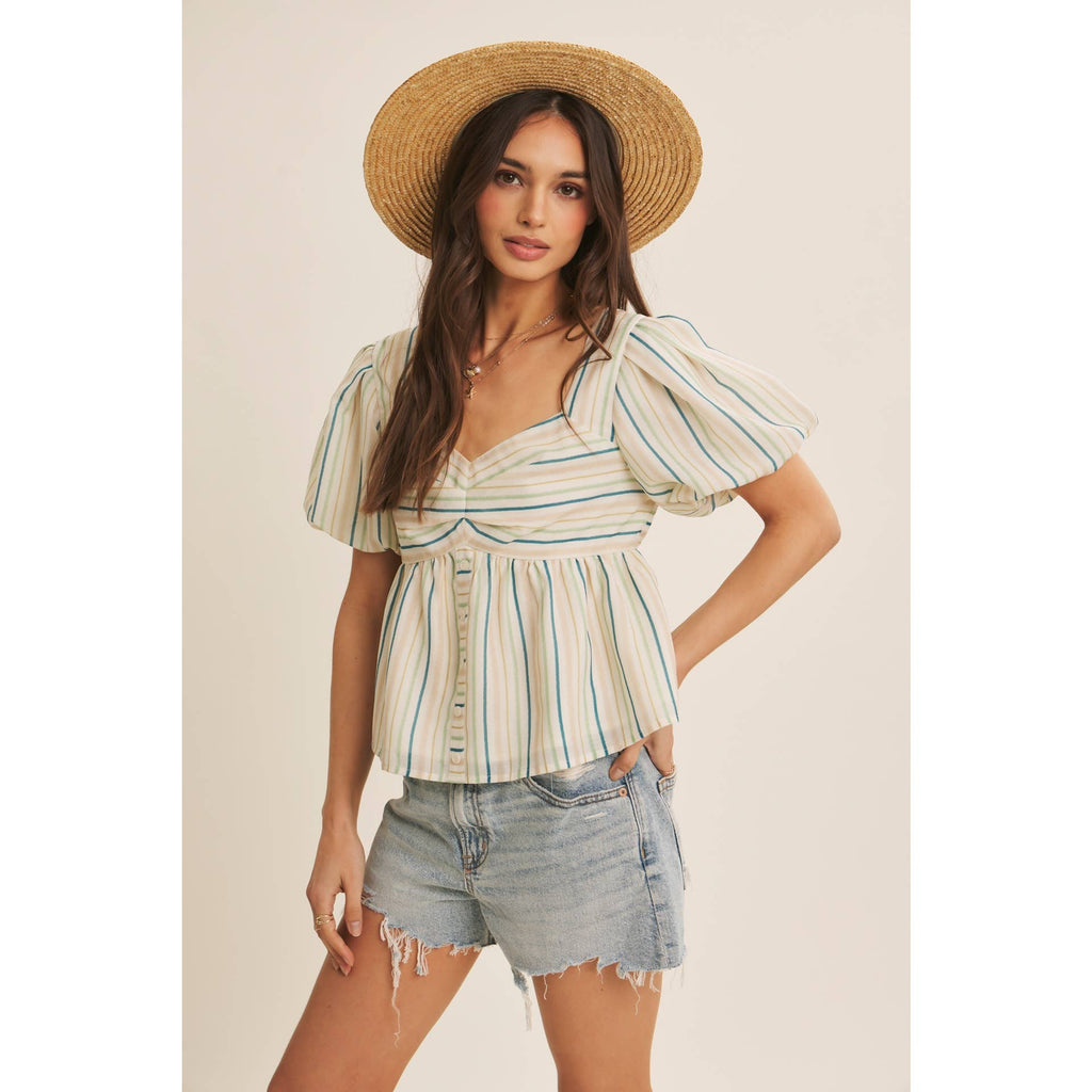 MULTI COLOR STRIPED BUBBLE SLEEVES BABYDOLL TOP