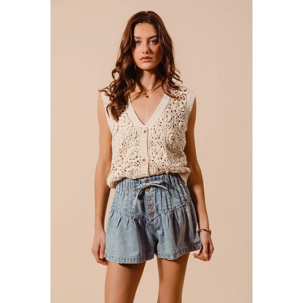 FLARED DENIM SHORTS WITH ELASTICIZED WAIST