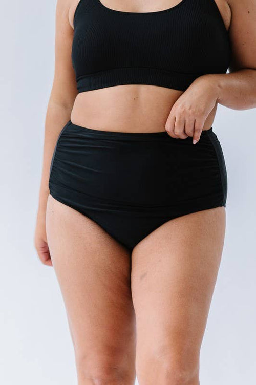 Black High Waisted Ruched Swim Bottoms