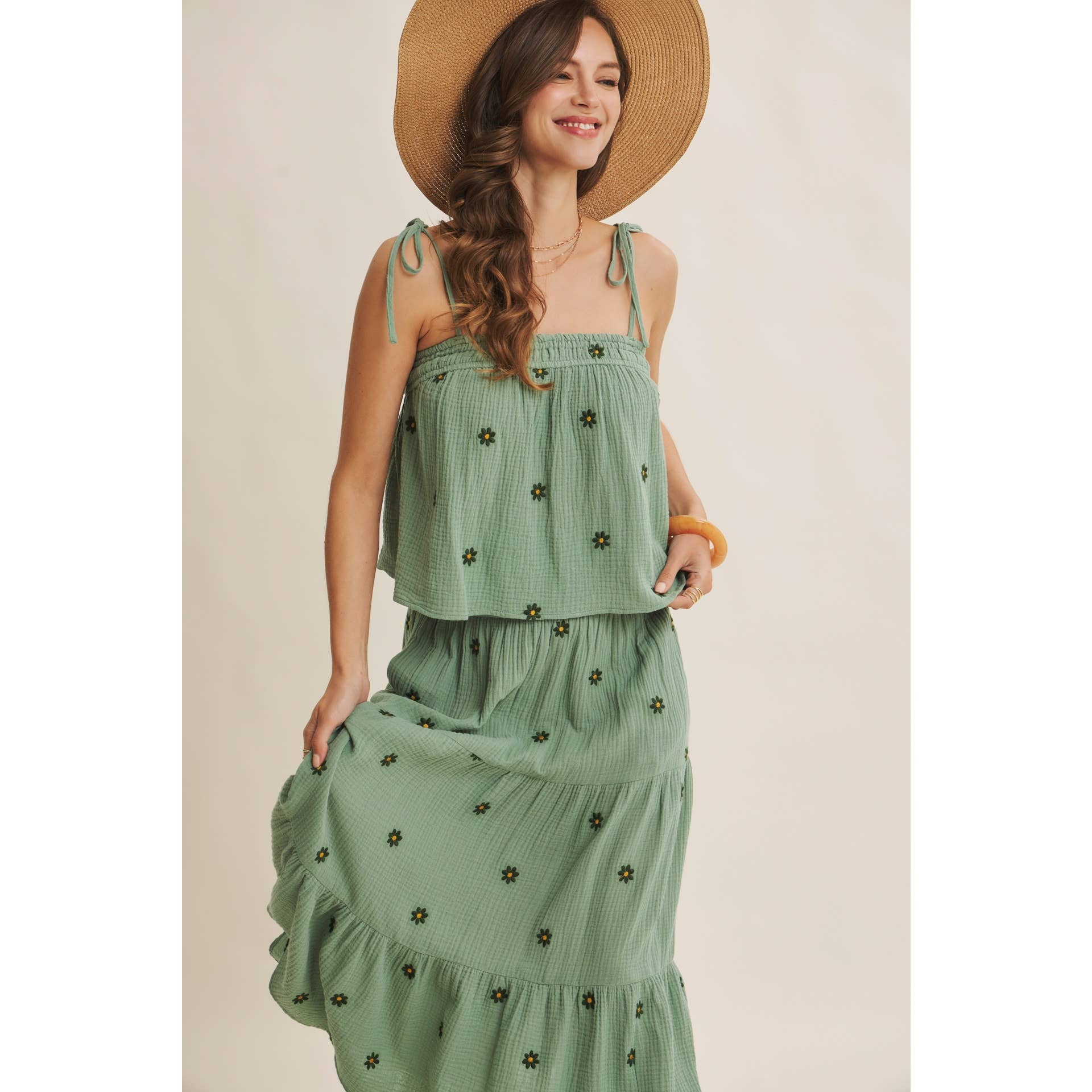SUNSET FIELD EMBROIDERED COTTON GAUZE TANK WITH TIE STRAPS