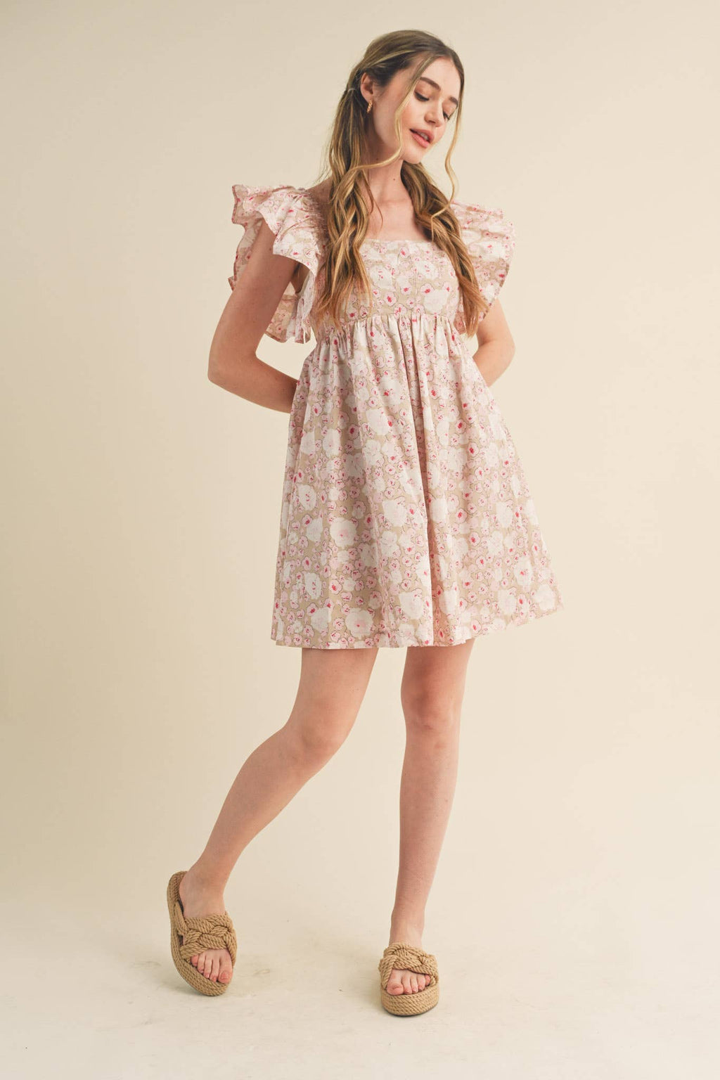 FLORAL PRINT RUFFLED FLUTTER SLEEVE MINI DRESS MDR3057