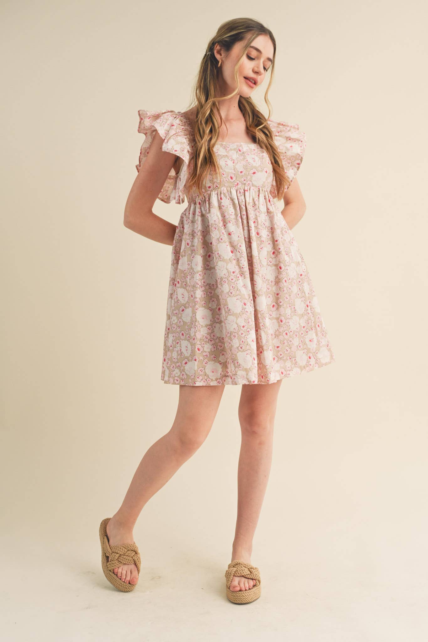 FLORAL PRINT RUFFLED FLUTTER SLEEVE MINI DRESS MDR3057
