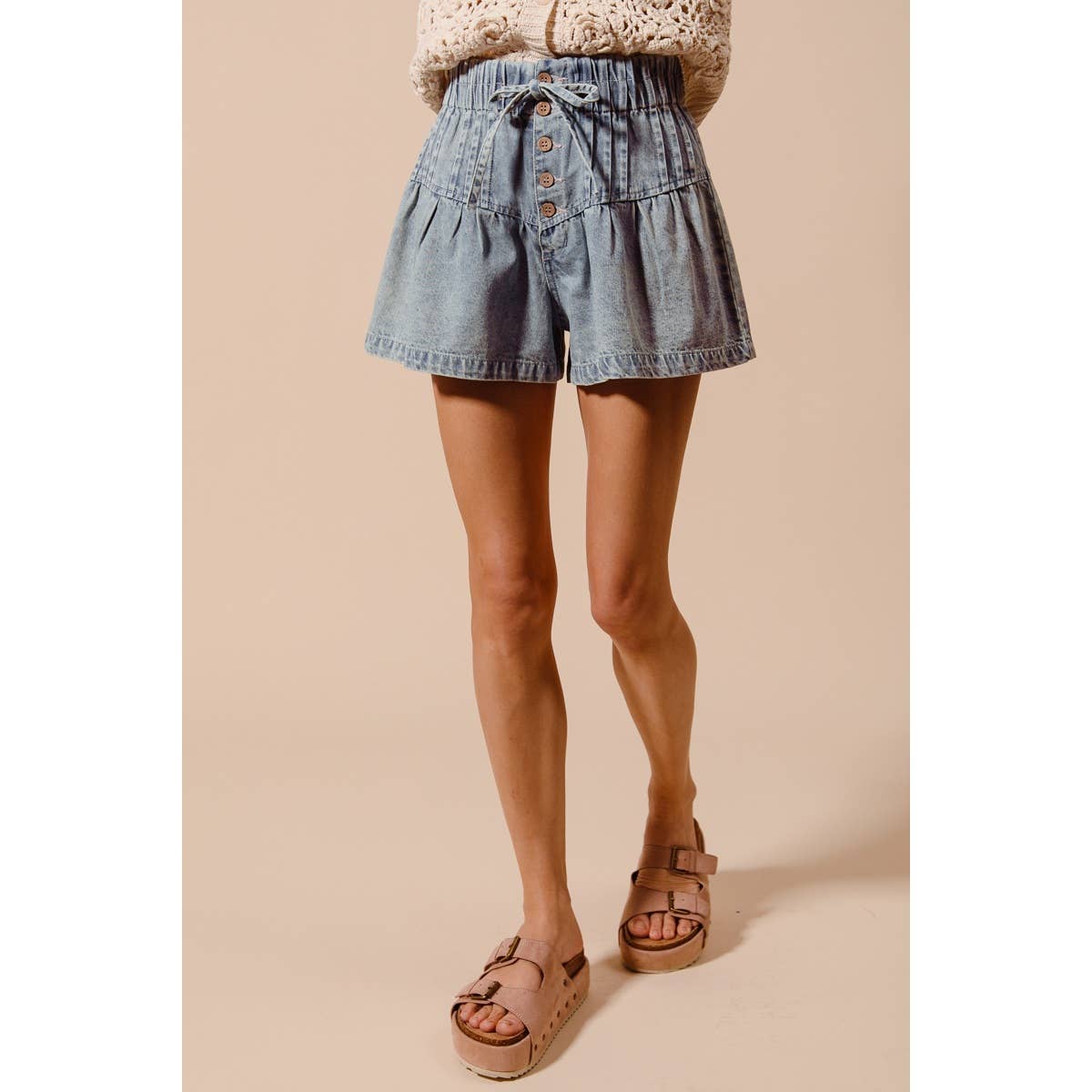 FLARED DENIM SHORTS WITH ELASTICIZED WAIST