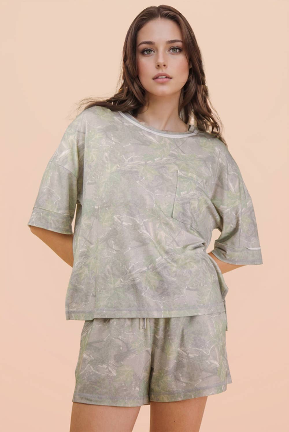 NT12458SET-Camo Print Casual Knit Top & Shorts Set