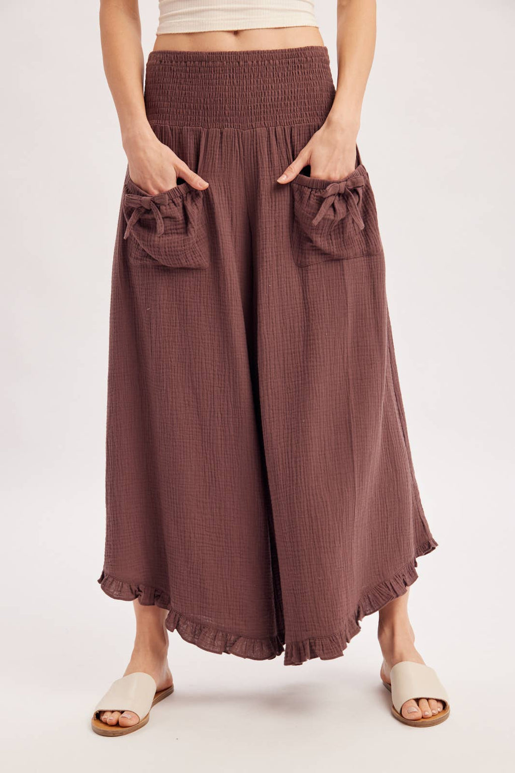 SMOCKED WAISTBAND RUFFLE TRIM WIDE LEG PANTS