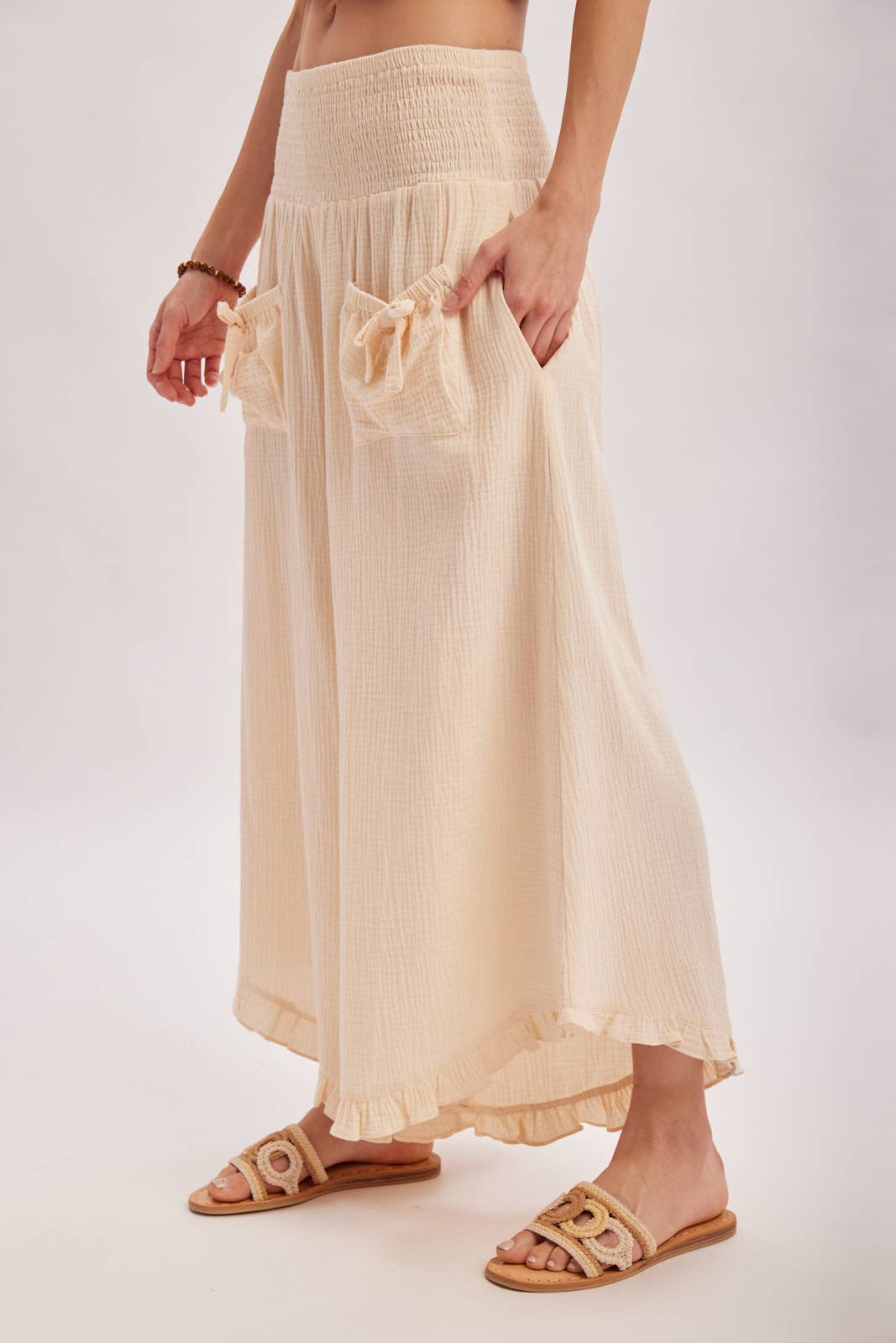 SMOCKED WAISTBAND RUFFLE TRIM WIDE LEG PANTS