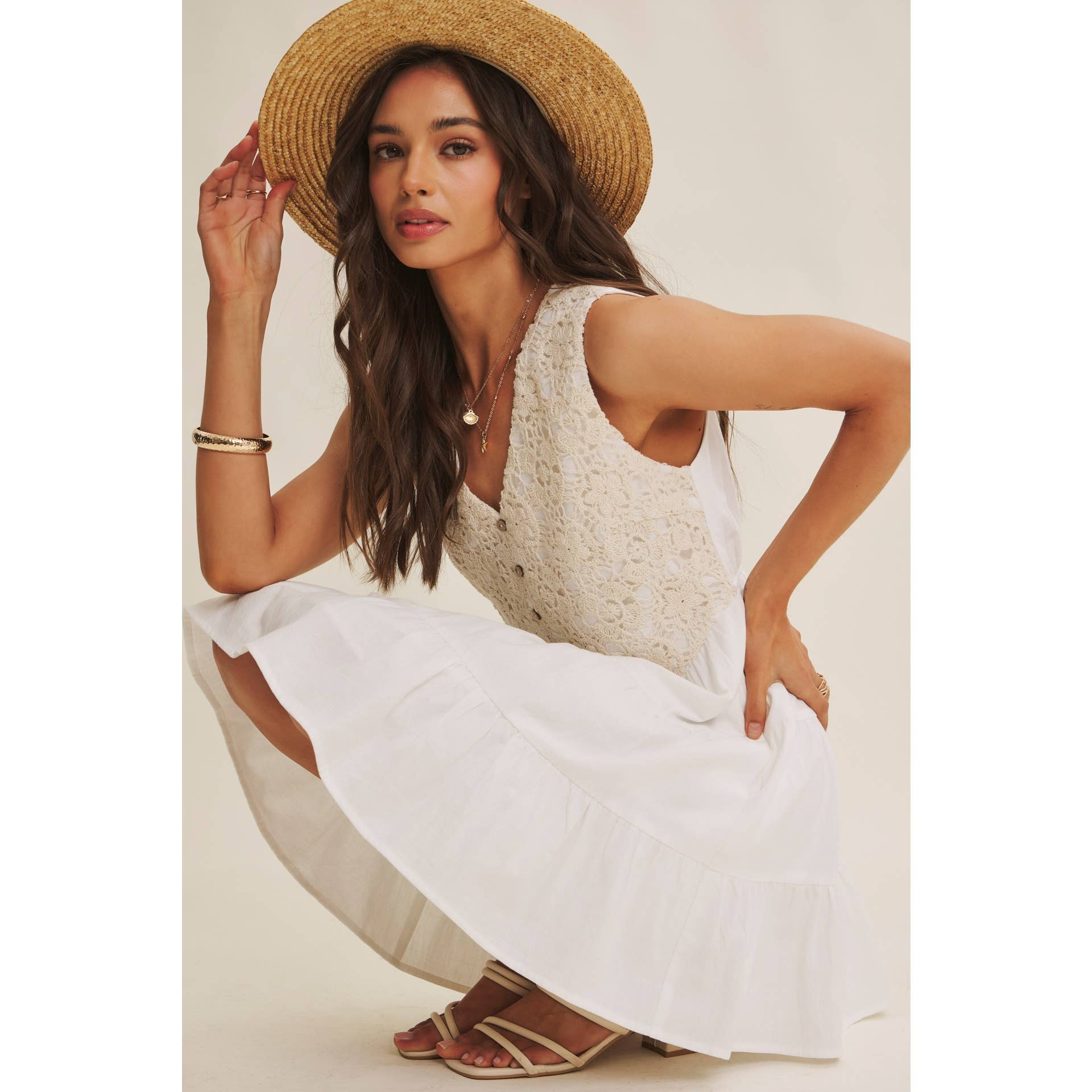 FRENCH PICNIC MIXED MEDIA COTTON CROCHET MINI DRESS