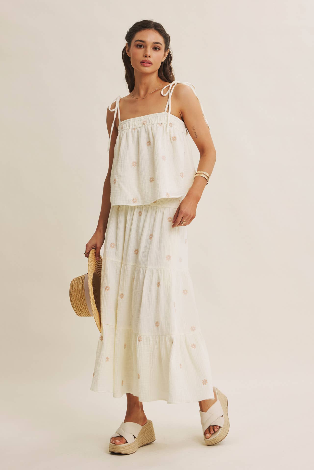 SUNSET FIELD EMBROIDERED COTTON GAUZE SMOCKED MIDI SKIRTS