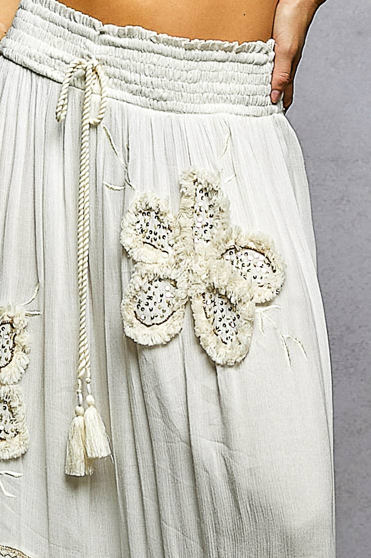 Smocked Waist Ruffle Embroidered Fringe Long Skirt