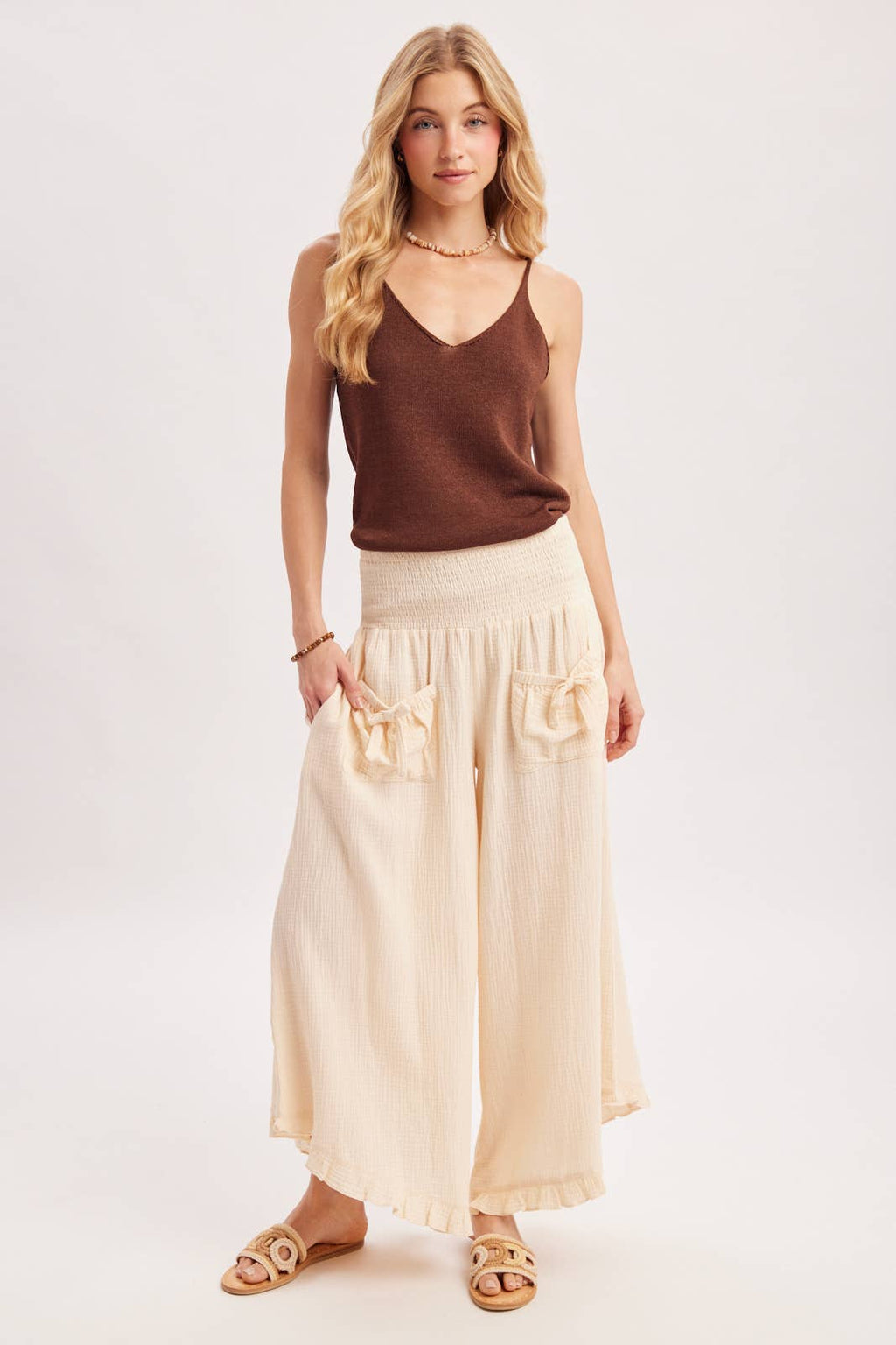 SMOCKED WAISTBAND RUFFLE TRIM WIDE LEG PANTS