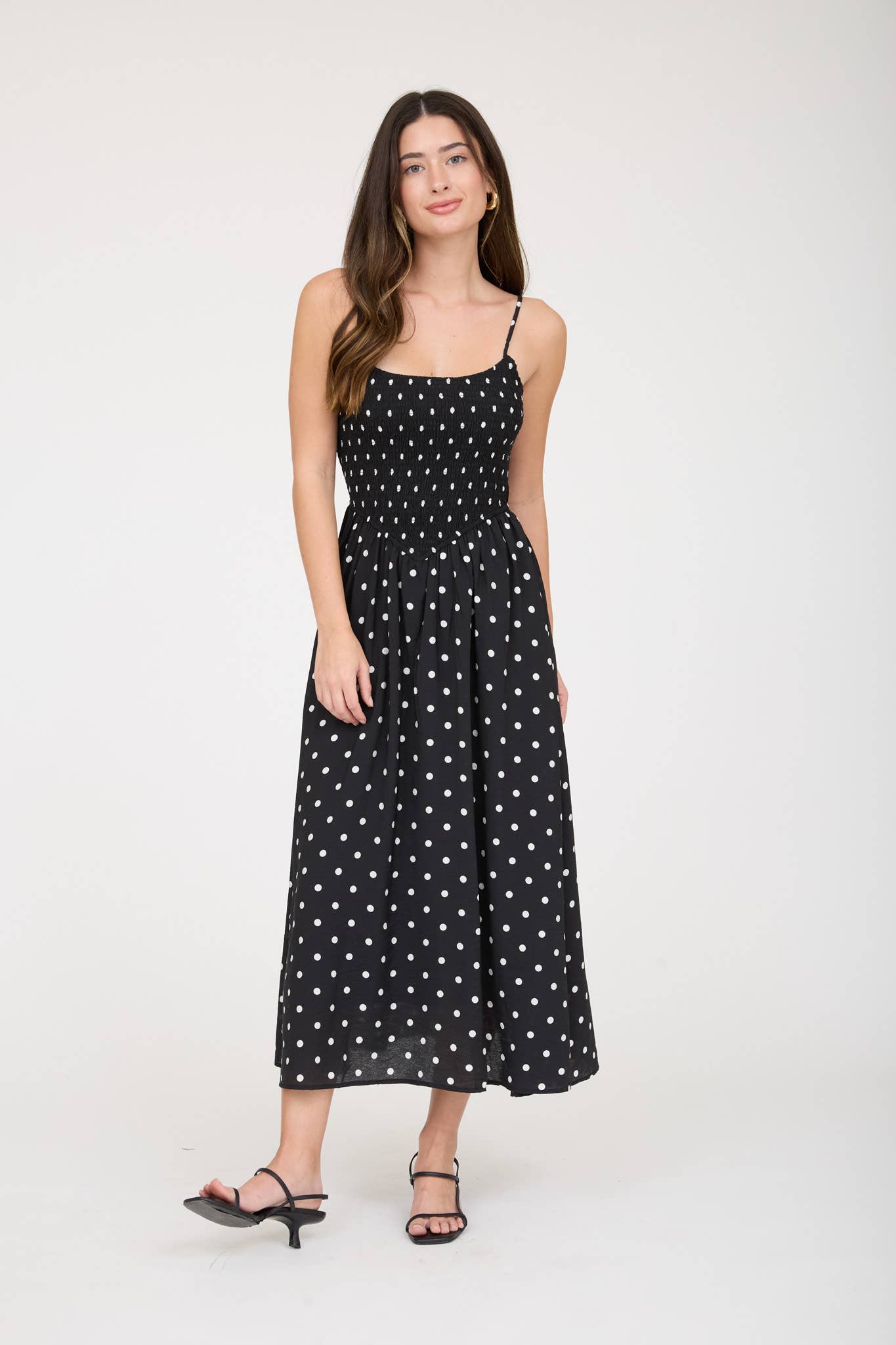 POLKA DOT SMOCKED BASQUE WAIST MIDI DRESS