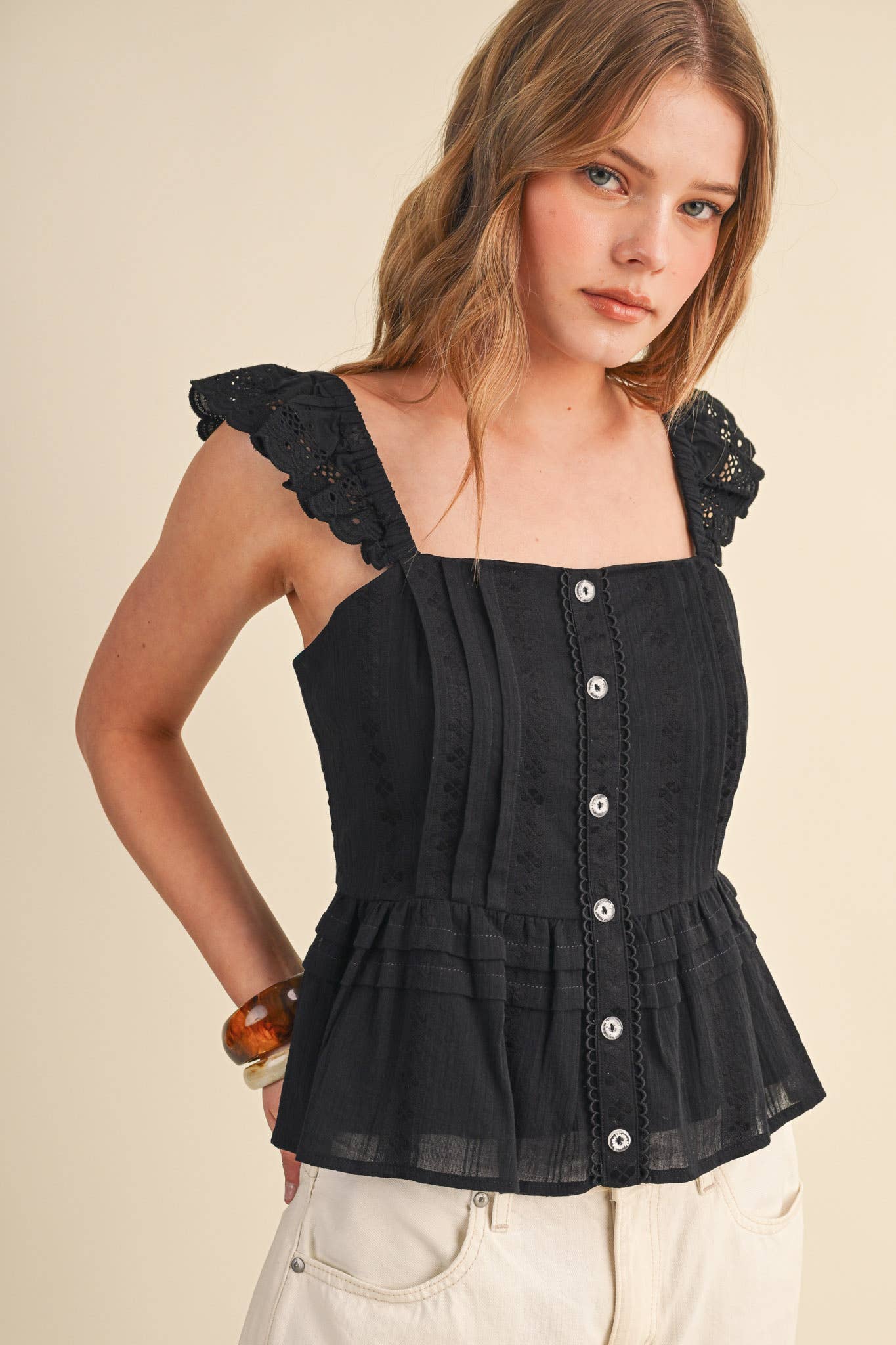 EYELET FLUTTER SLEEVE PEPLUM TOP MTP4953