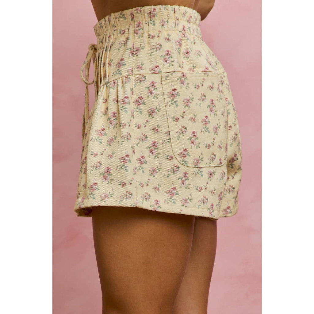 FLORAL PRINT DENIM PINTUCK ELASTIC WAIST SHORTS
