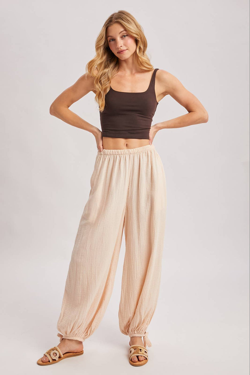 ELASTIC WAISTBAND CRINKLED GAUZE JOGGER PANTS