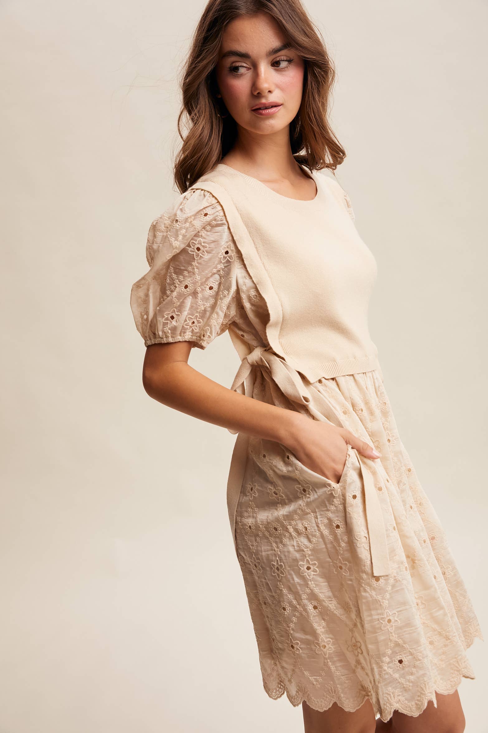 Embroidered Puff Sleeve Dress with Knit Vest LD1522