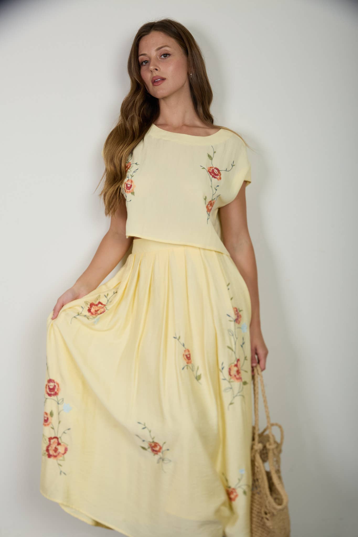 FLORAL EMBROIDERY DETAIL BOAT NECK CROP TOP