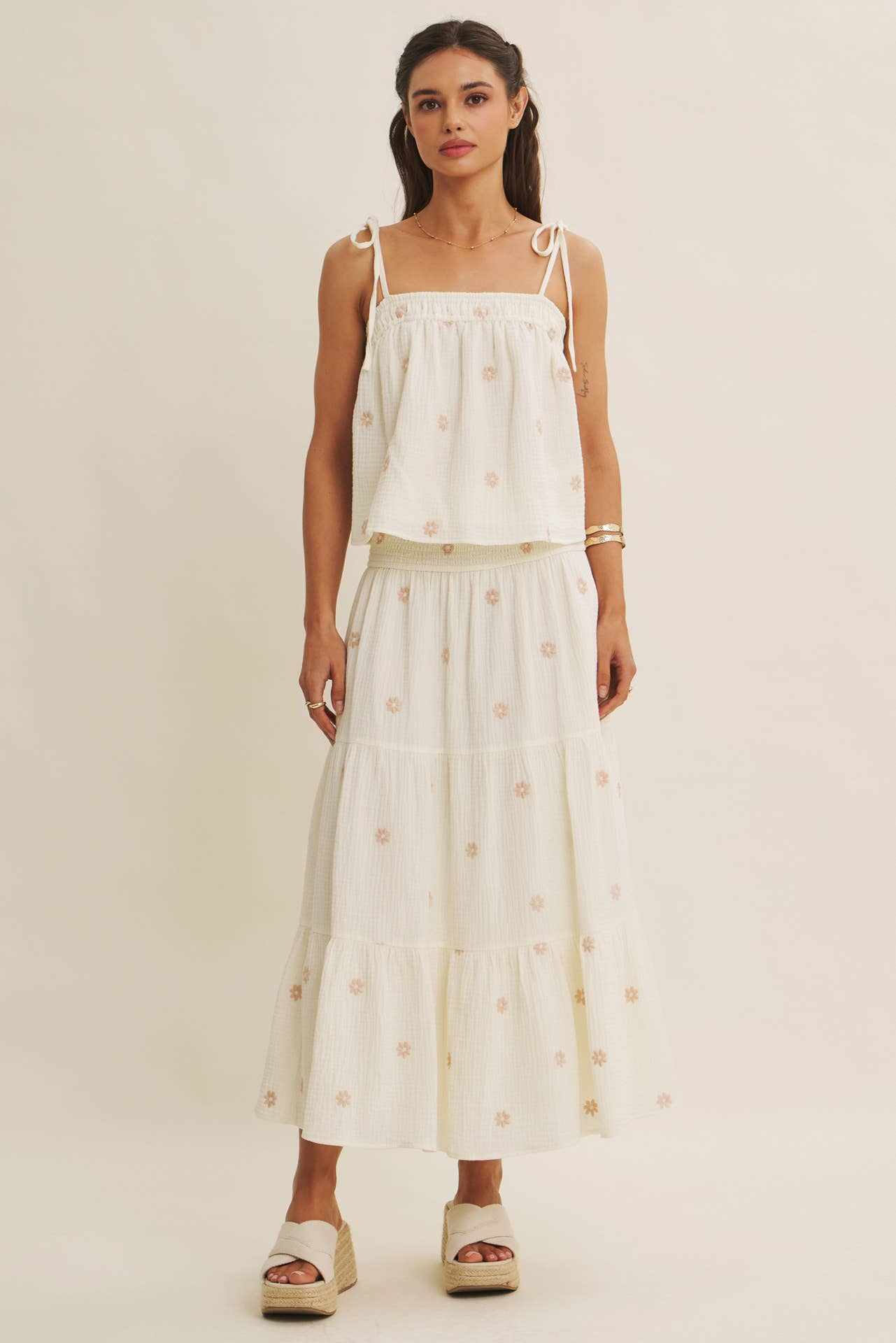 SUNSET FIELD EMBROIDERED COTTON GAUZE TANK WITH TIE STRAPS