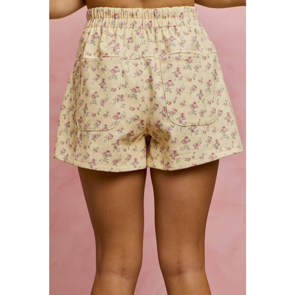 FLORAL PRINT DENIM PINTUCK ELASTIC WAIST SHORTS