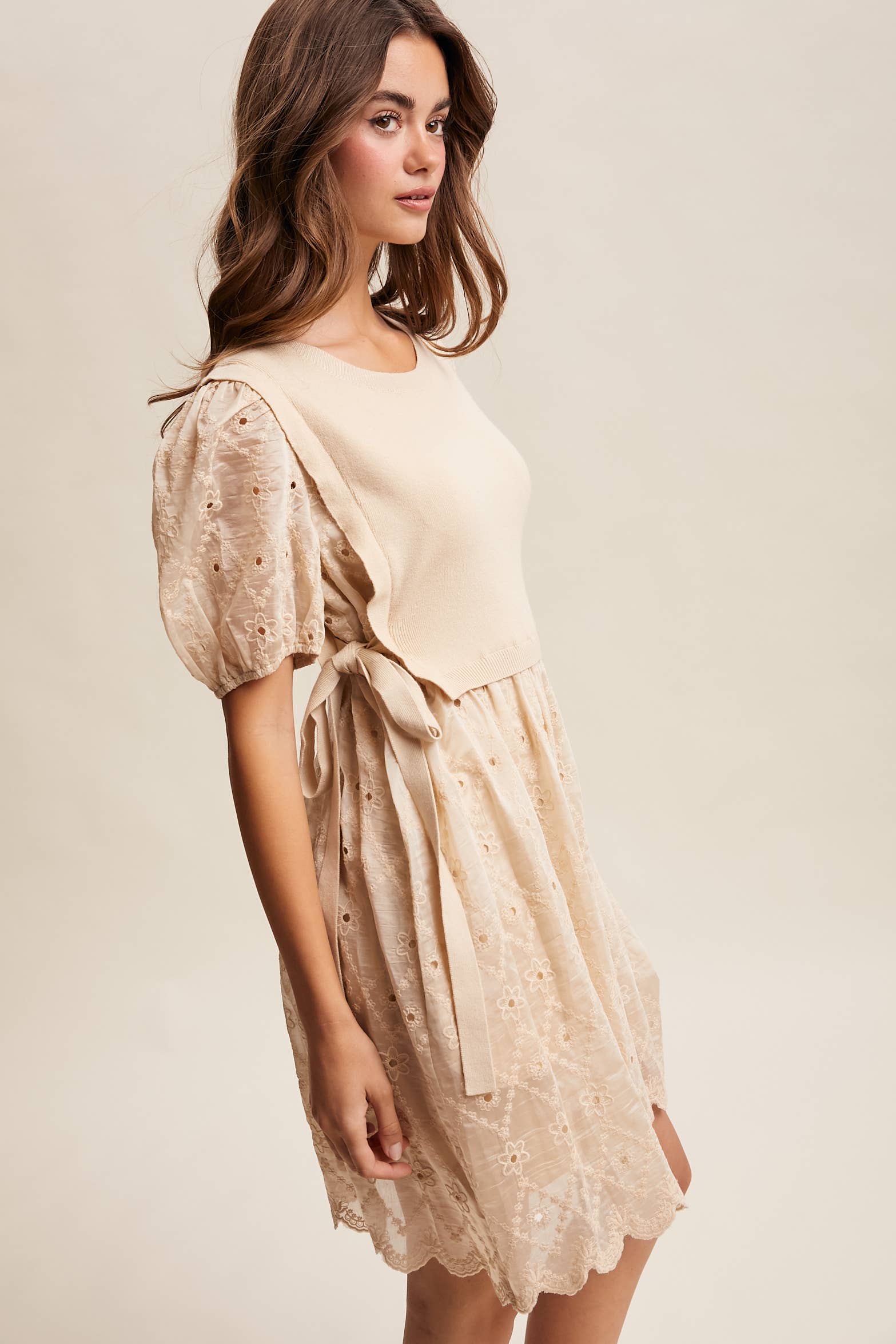 Embroidered Puff Sleeve Dress with Knit Vest LD1522