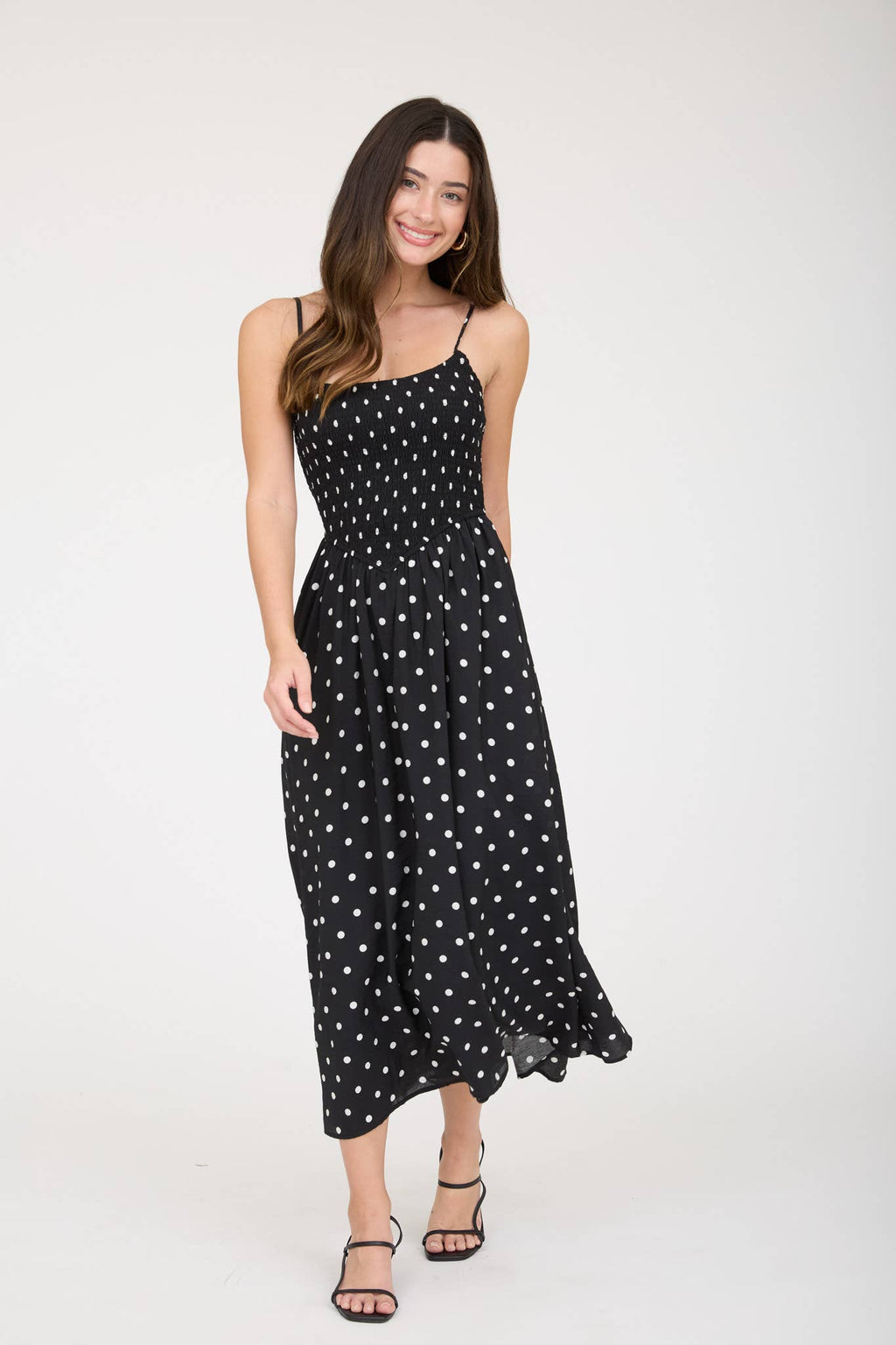 POLKA DOT SMOCKED BASQUE WAIST MIDI DRESS
