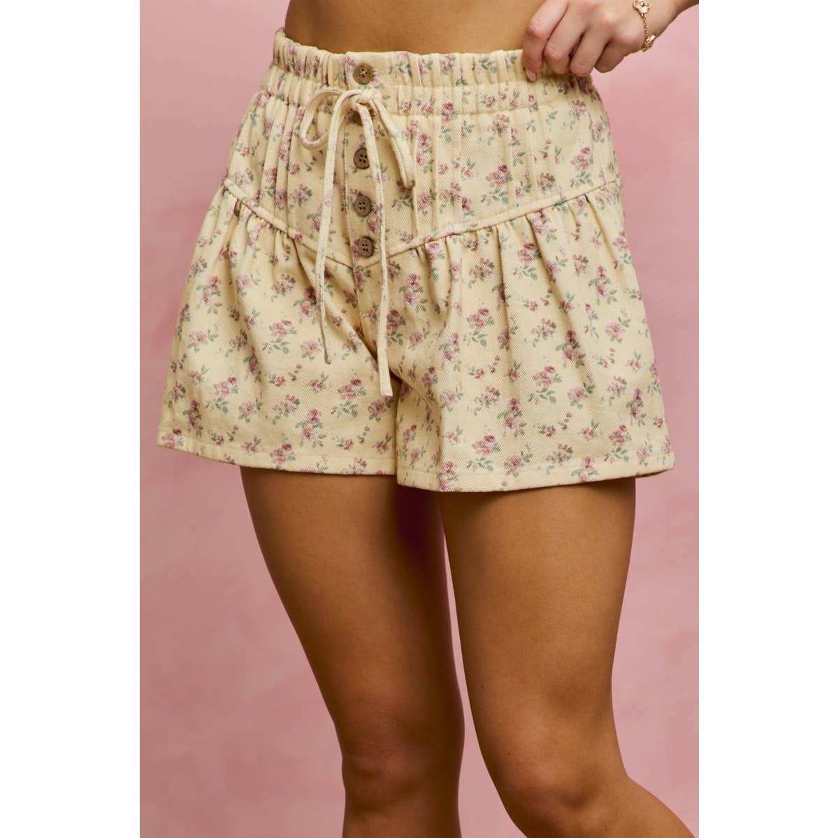 FLORAL PRINT DENIM PINTUCK ELASTIC WAIST SHORTS