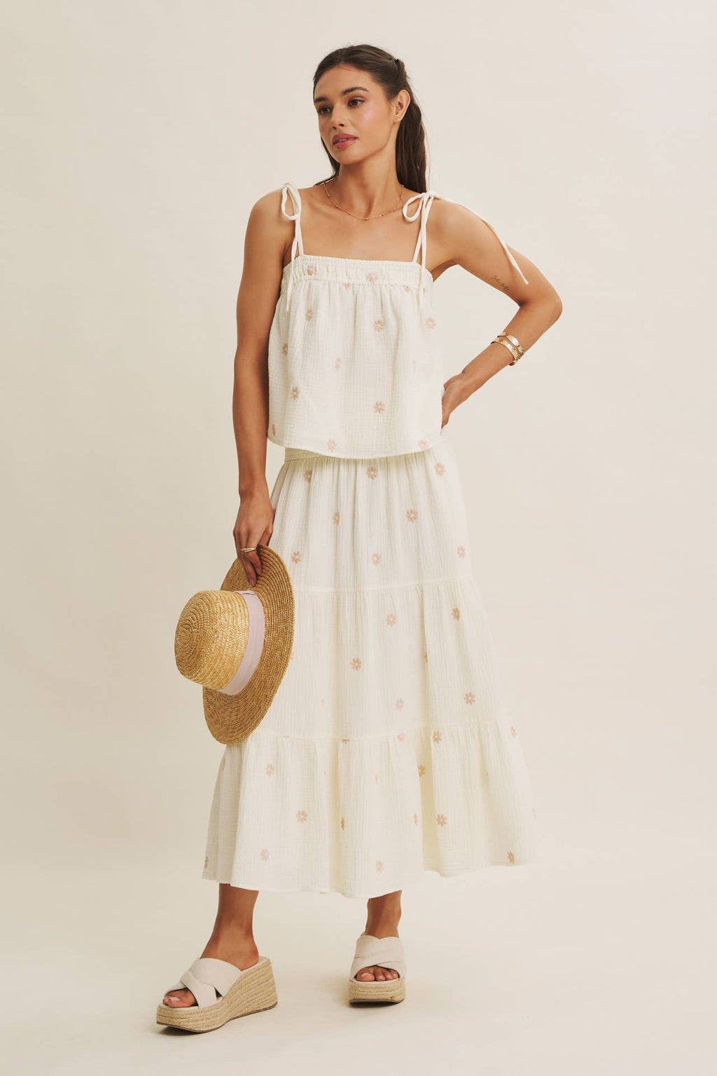 SUNSET FIELD EMBROIDERED COTTON GAUZE TANK WITH TIE STRAPS