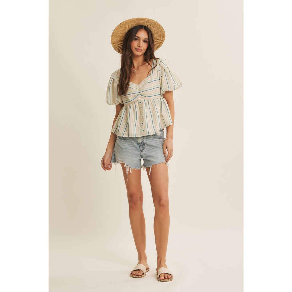 MULTI COLOR STRIPED BUBBLE SLEEVES BABYDOLL TOP