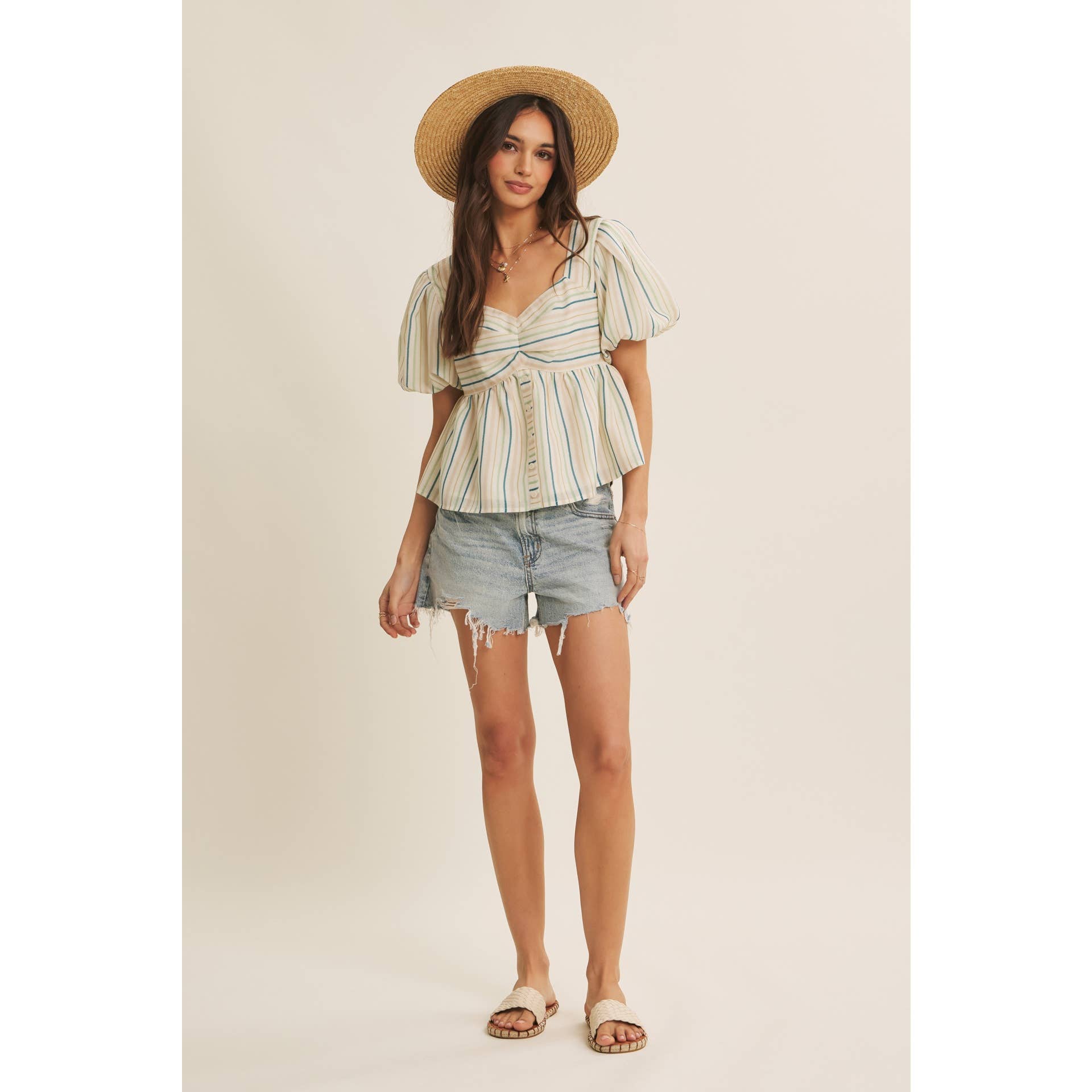 MULTI COLOR STRIPED BUBBLE SLEEVES BABYDOLL TOP