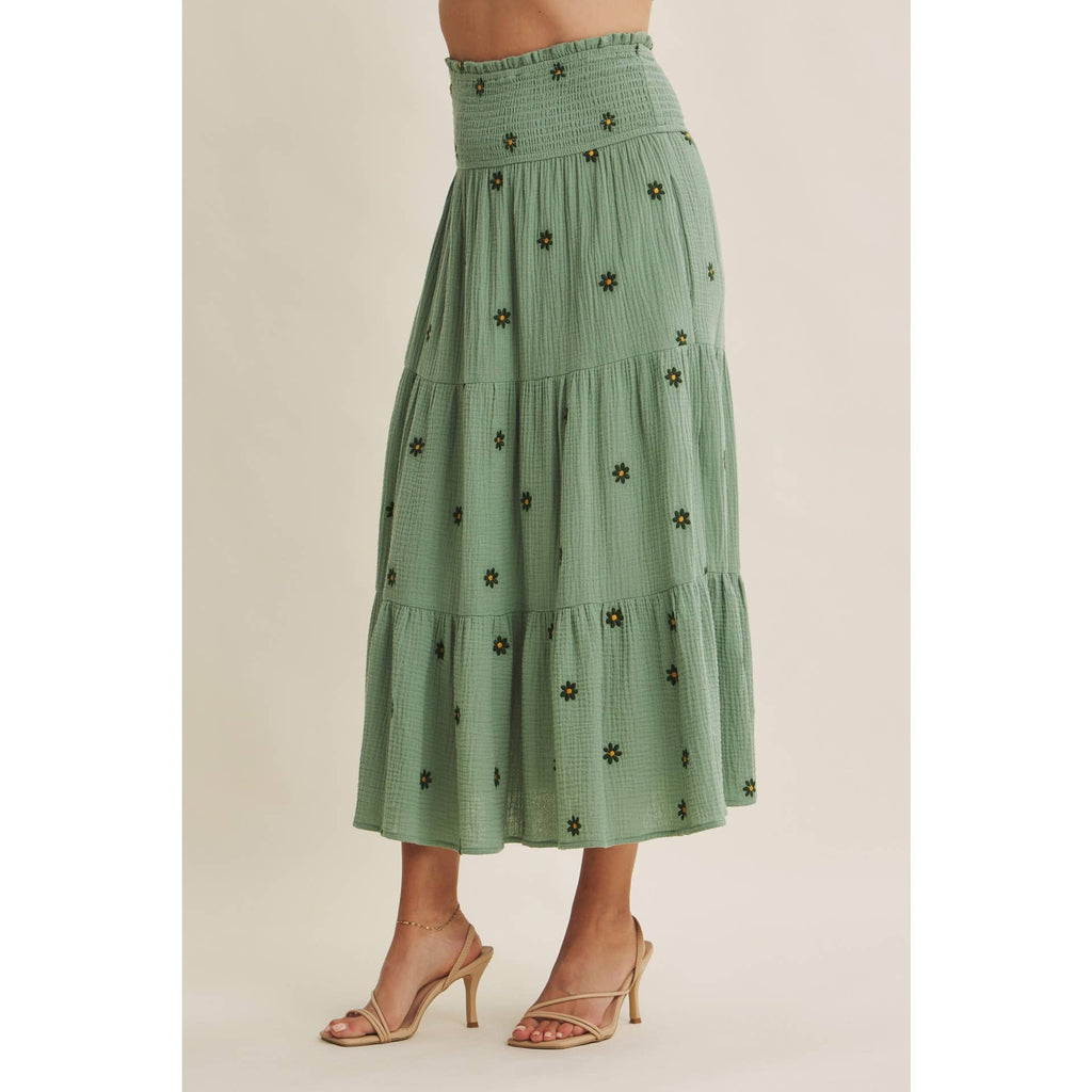 SUNSET FIELD EMBROIDERED COTTON GAUZE SMOCKED MIDI SKIRTS