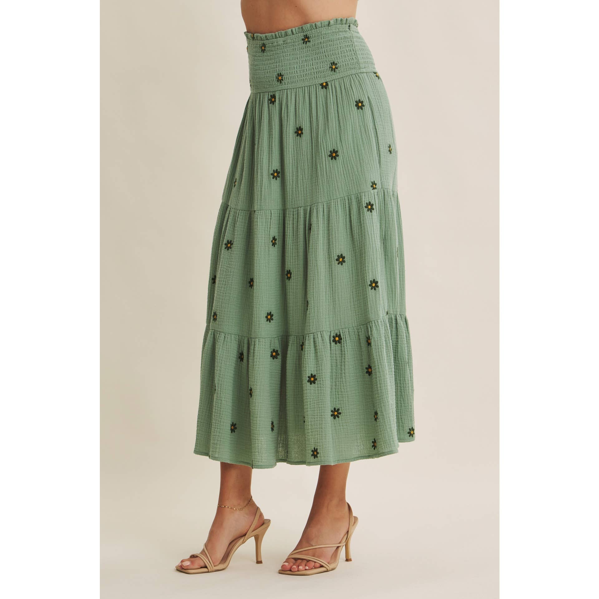 SUNSET FIELD EMBROIDERED COTTON GAUZE SMOCKED MIDI SKIRTS