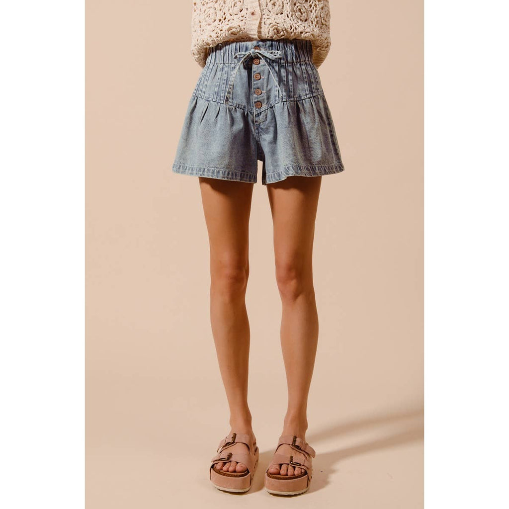 FLARED DENIM SHORTS WITH ELASTICIZED WAIST