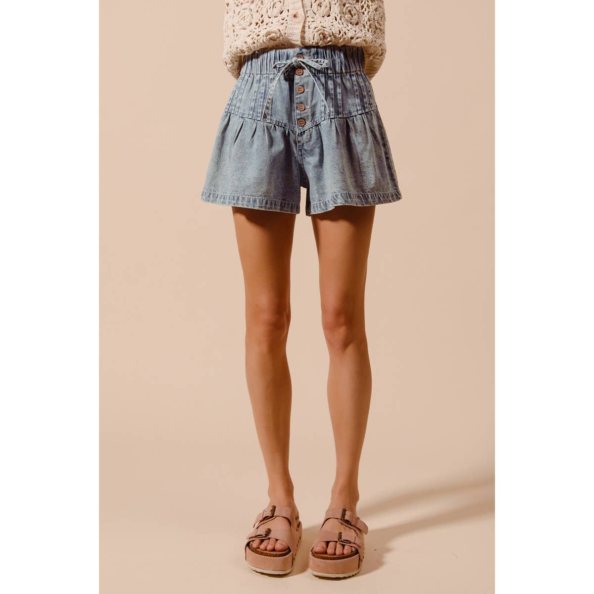FLARED DENIM SHORTS WITH ELASTICIZED WAIST