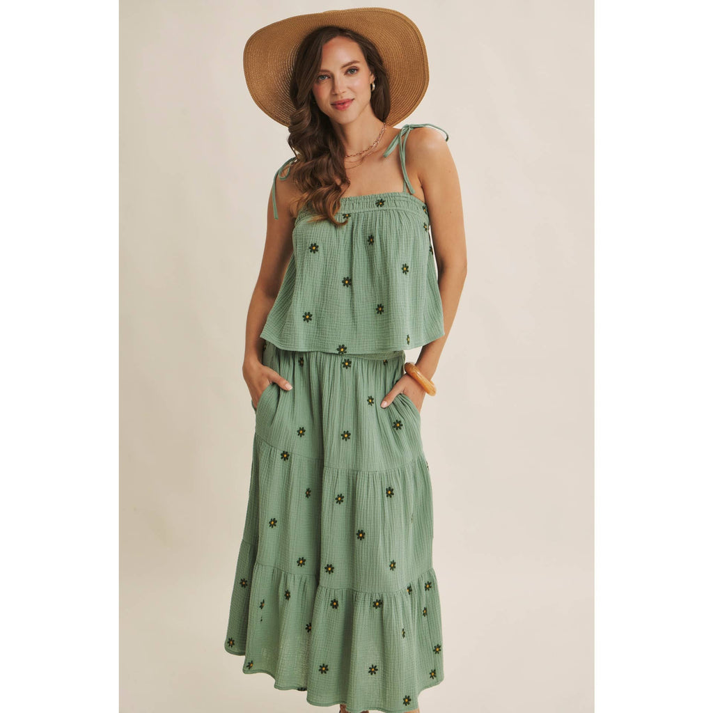 SUNSET FIELD EMBROIDERED COTTON GAUZE TANK WITH TIE STRAPS