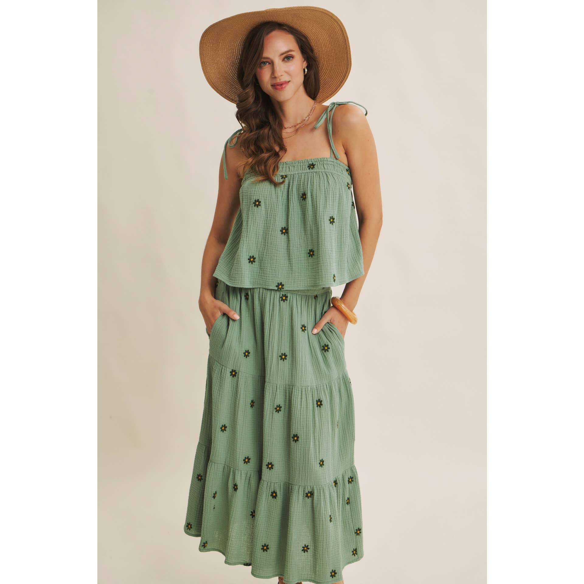 SUNSET FIELD EMBROIDERED COTTON GAUZE TANK WITH TIE STRAPS