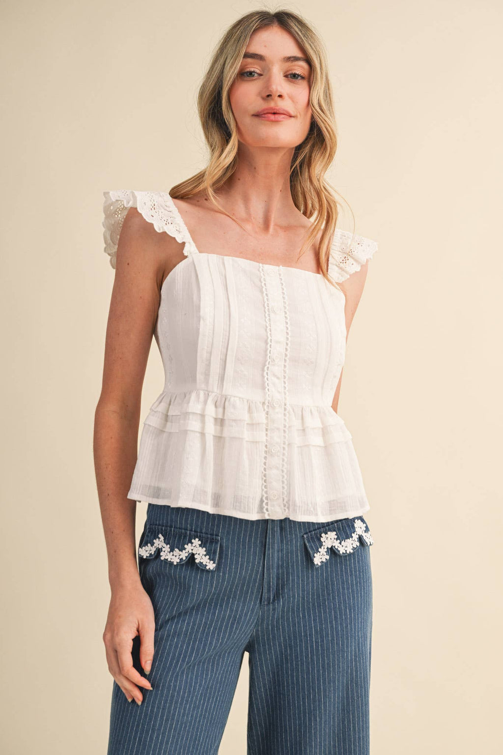 EYELET FLUTTER SLEEVE PEPLUM TOP MTP4953
