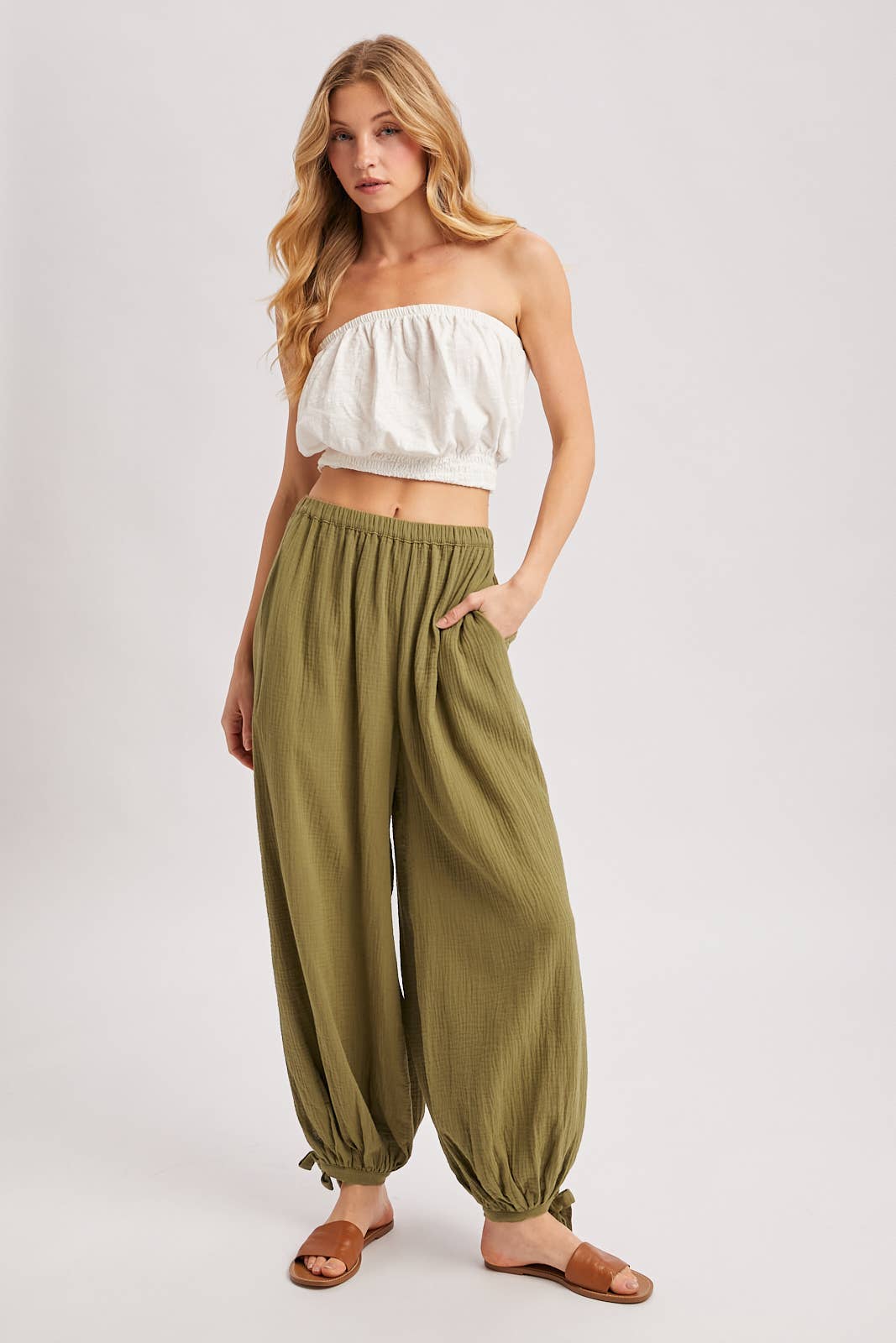 ELASTIC WAISTBAND CRINKLED GAUZE JOGGER PANTS