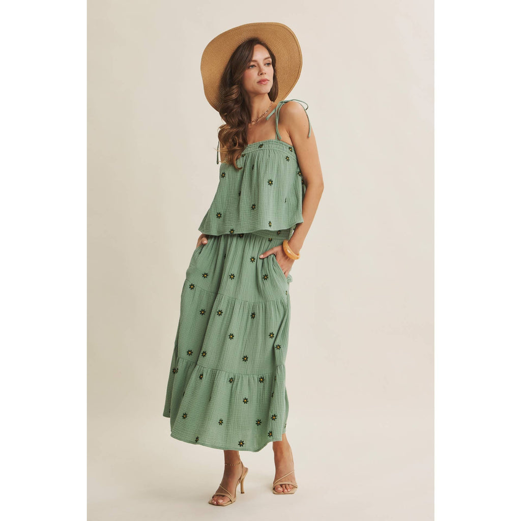 SUNSET FIELD EMBROIDERED COTTON GAUZE TANK WITH TIE STRAPS