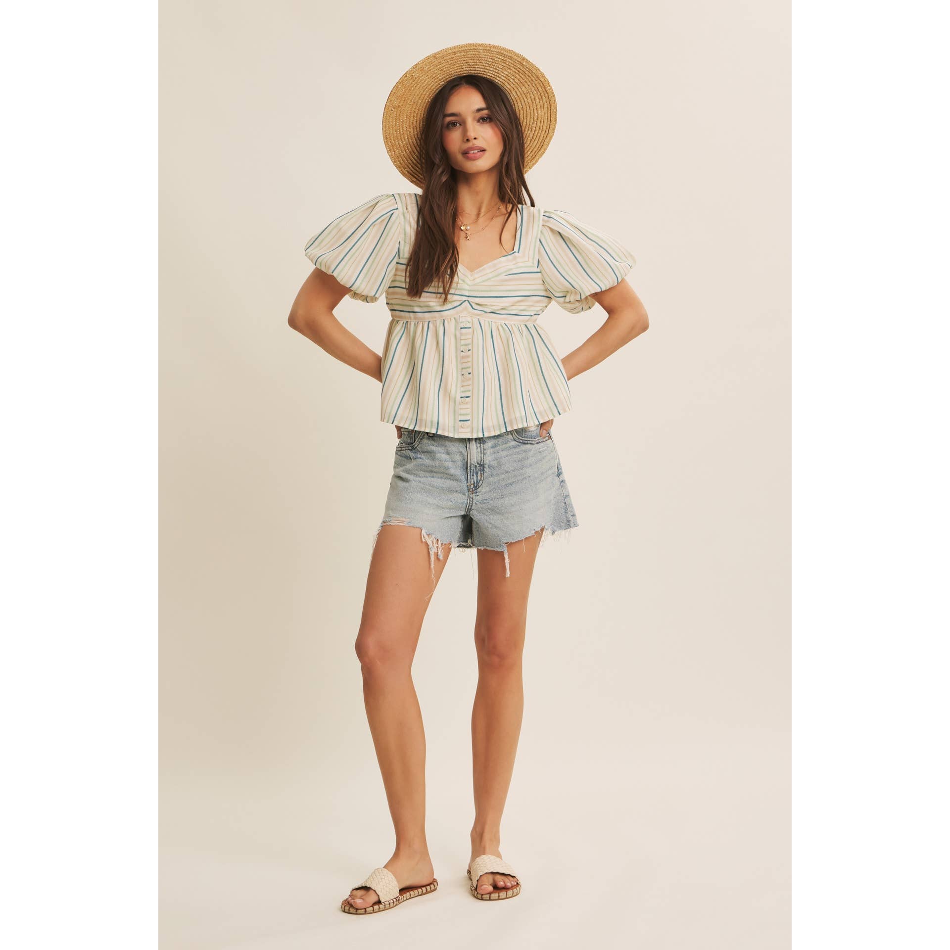 MULTI COLOR STRIPED BUBBLE SLEEVES BABYDOLL TOP