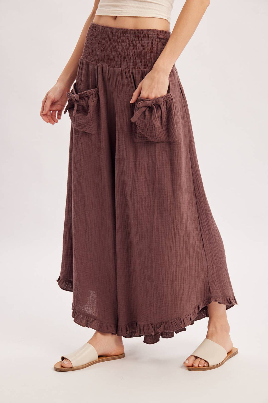 SMOCKED WAISTBAND RUFFLE TRIM WIDE LEG PANTS