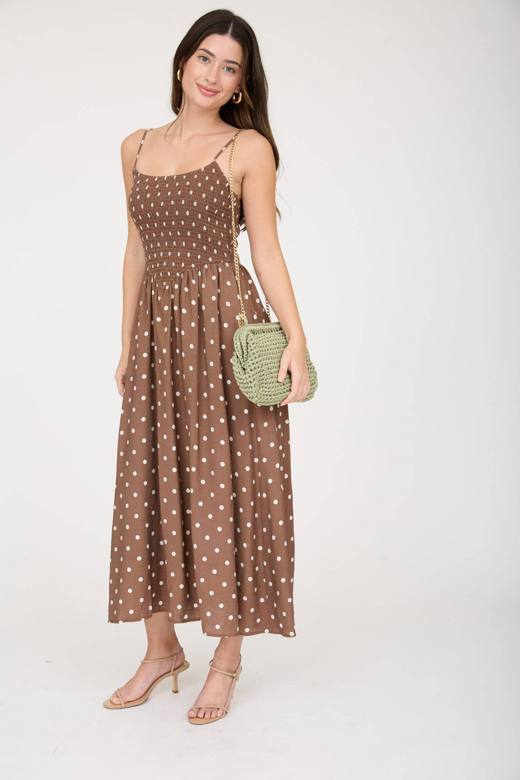 POLKA DOT SMOCKED BASQUE WAIST MIDI DRESS