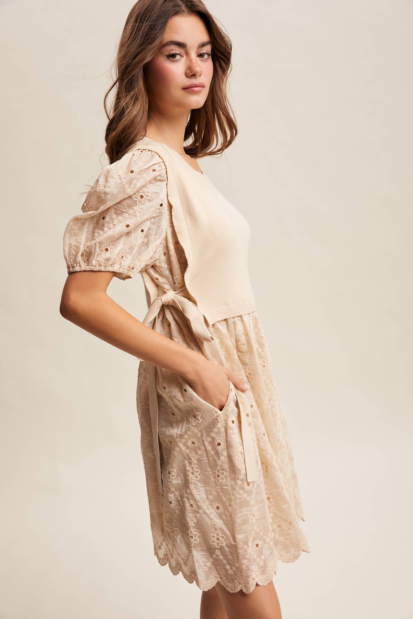 Embroidered Puff Sleeve Dress with Knit Vest LD1522