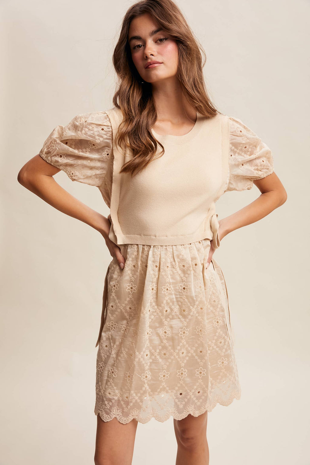 Embroidered Puff Sleeve Dress with Knit Vest LD1522