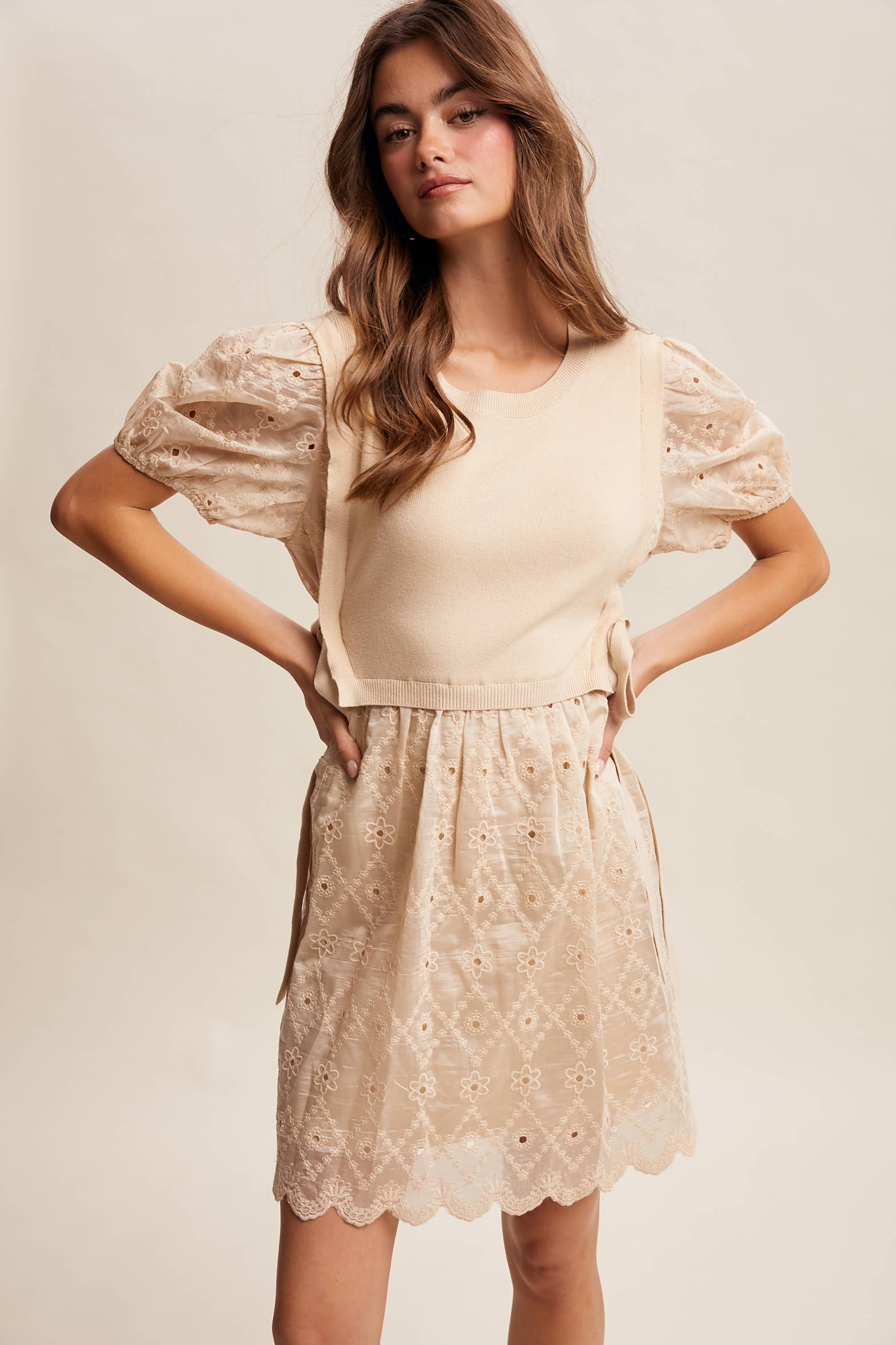 Embroidered Puff Sleeve Dress with Knit Vest LD1522