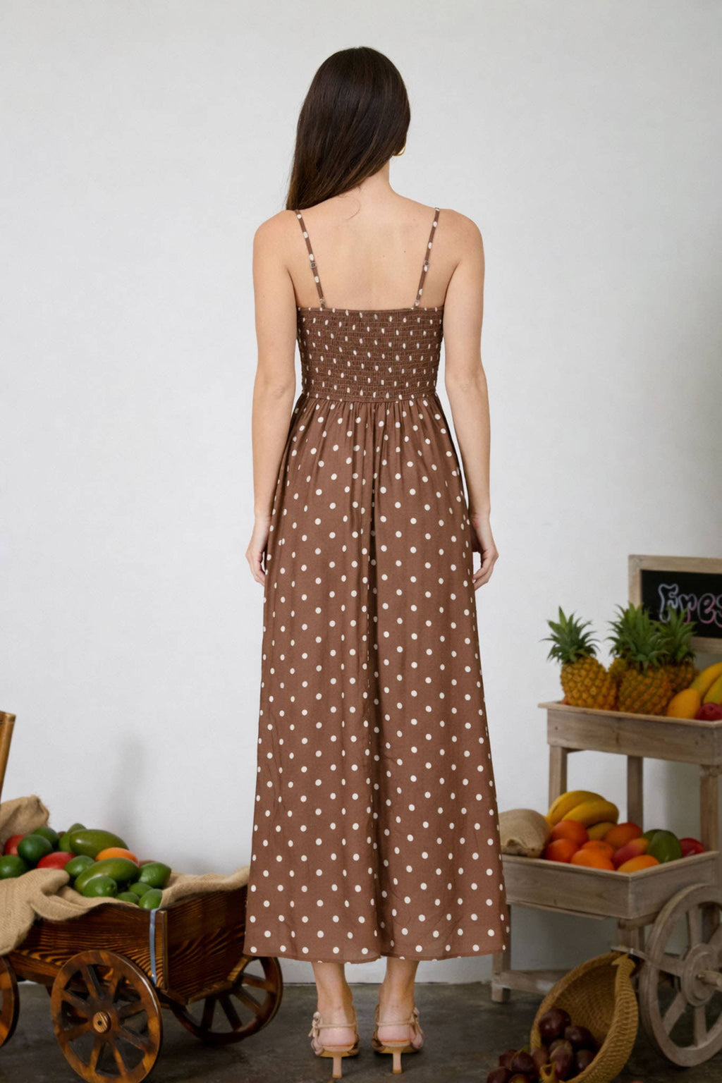 POLKA DOT SMOCKED BASQUE WAIST MIDI DRESS