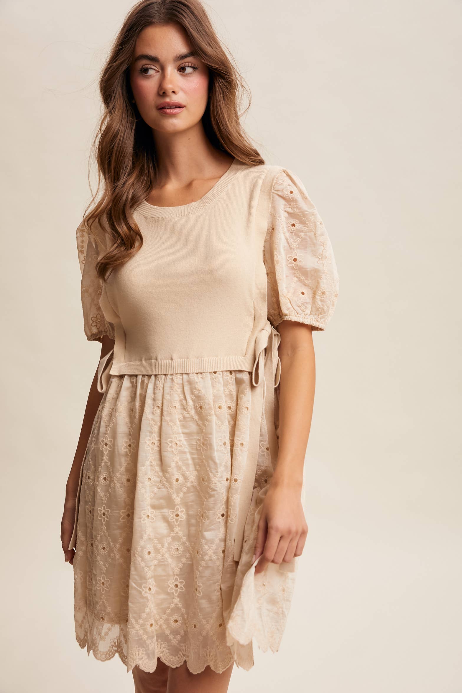 Embroidered Puff Sleeve Dress with Knit Vest LD1522