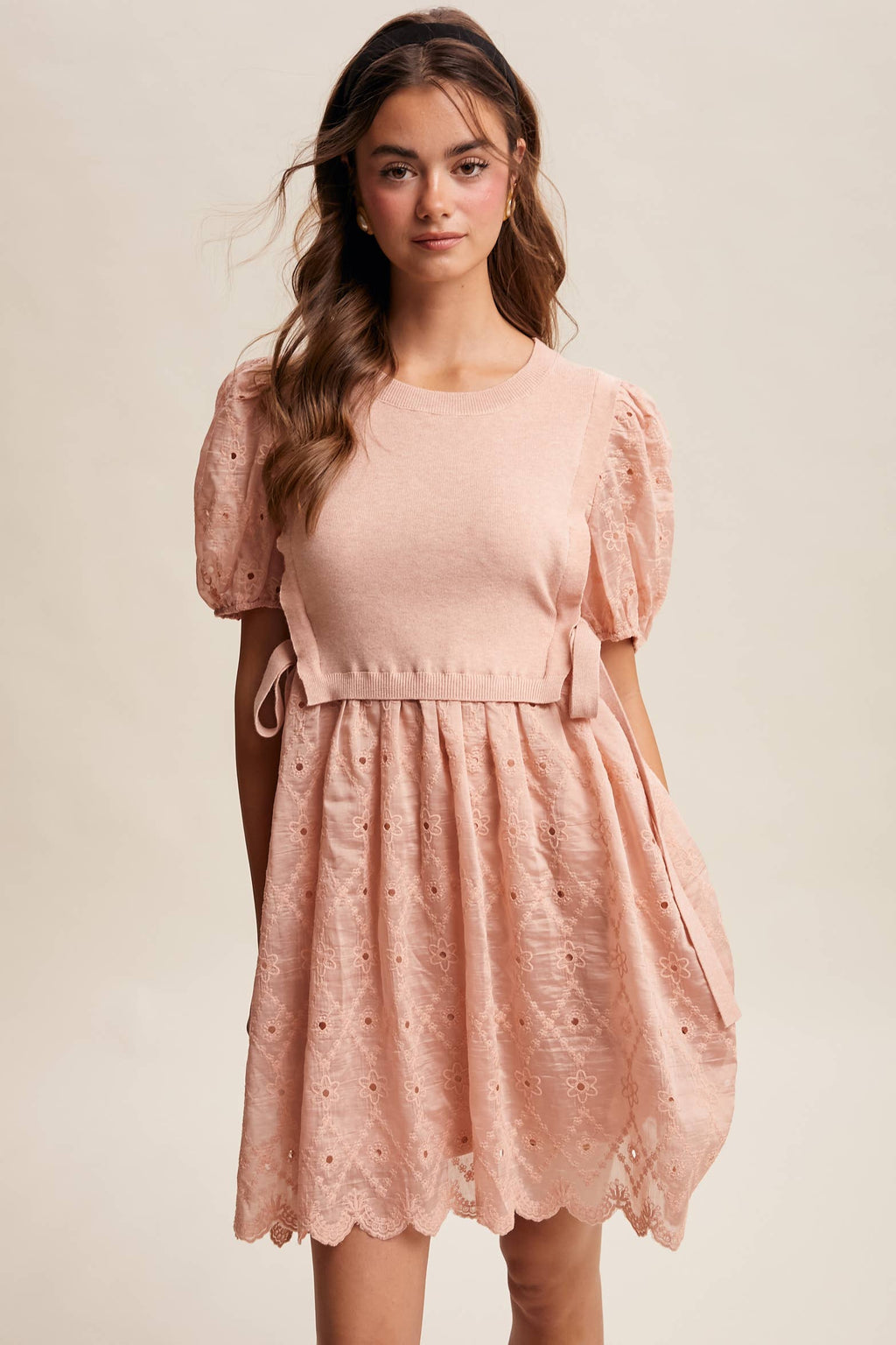 Embroidered Puff Sleeve Dress with Knit Vest LD1522